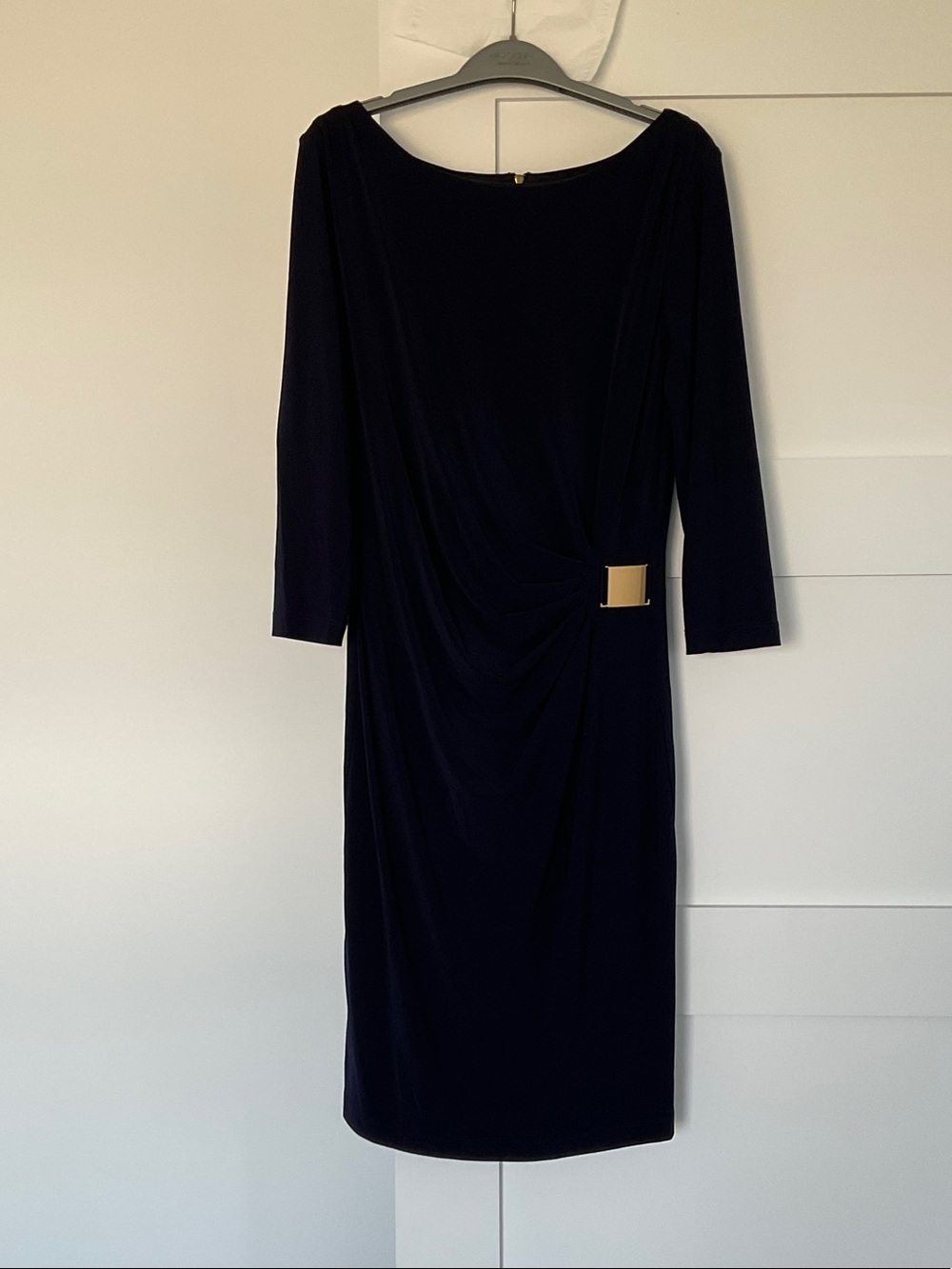 Navy Long-Sleeve Draped Sheath Dress with Gold Waist Accent